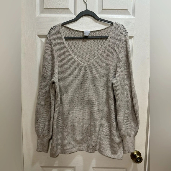 Chicos Womens Sweater Oatmeal Speckled V Neck Oversize Size 2 US Large - Picture 1 of 8